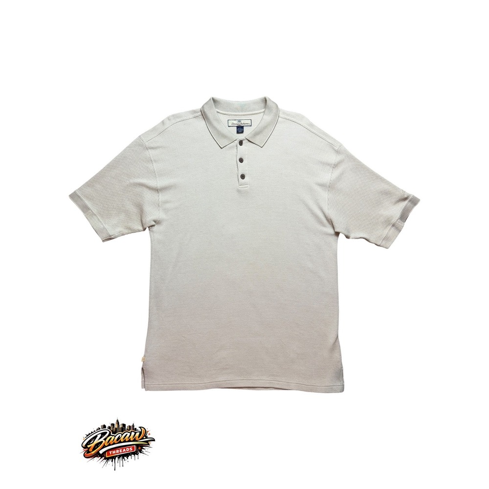 Tommy Bahama Men's Large Silk Cotton Knit Polo Shirt Beige Textured Short Sleeve